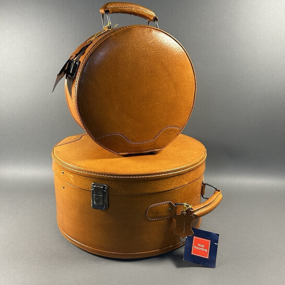 Vintage Hold Everything Real Leather Nesting Hat Box Luggage Set 2pc Keys Tags